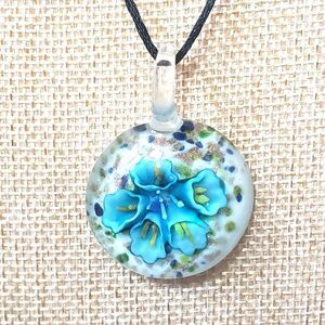 FLORAL GLASS Pendant On Satin Cord Necklace